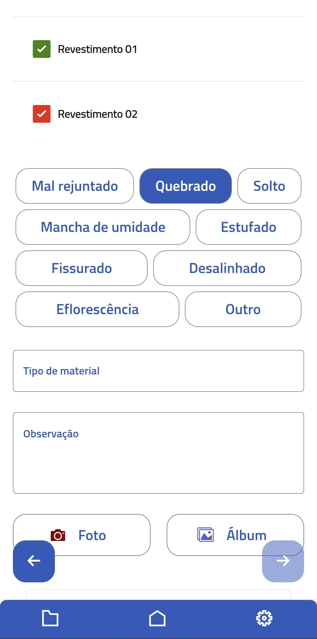 Checklist de vistoria com avarias e observações