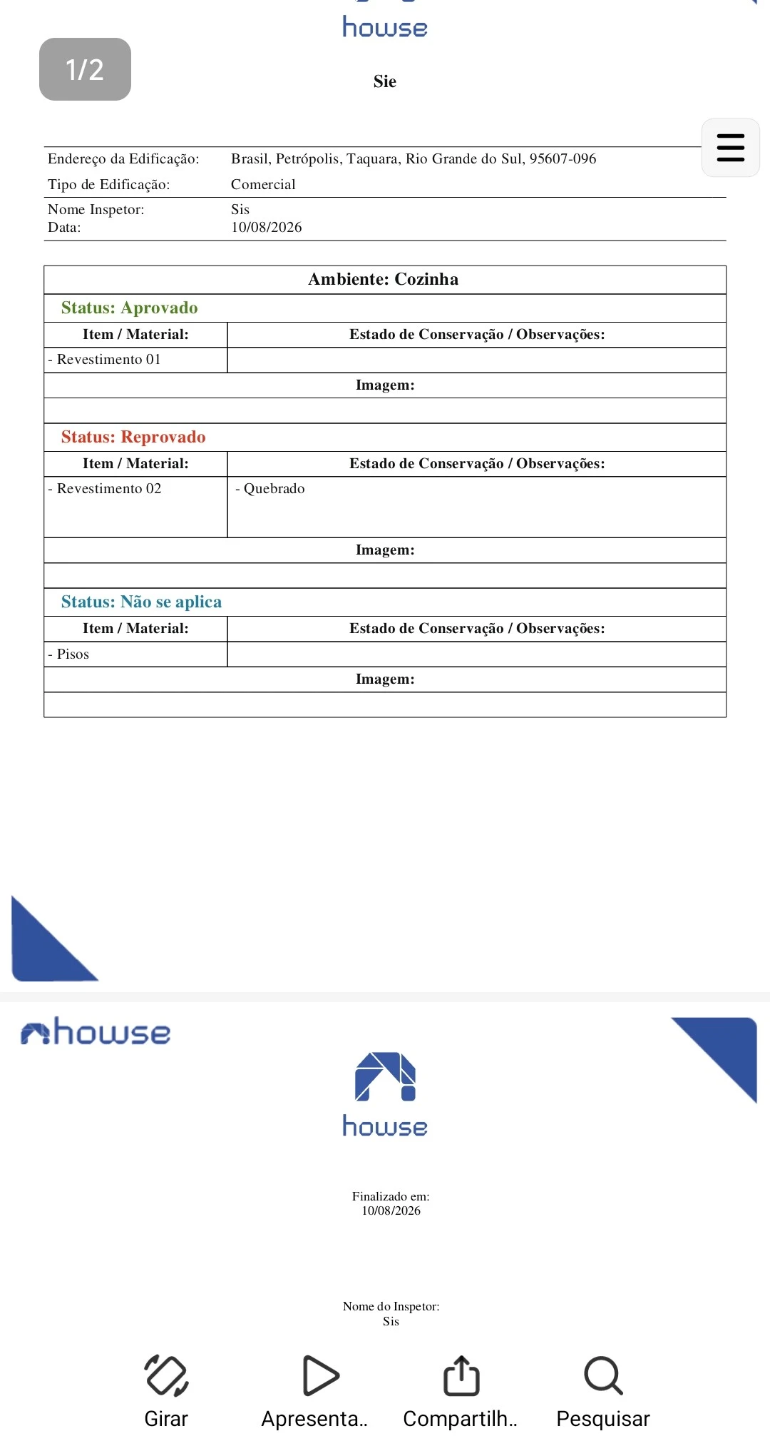 Checklist de vistoria finalizado em PDF