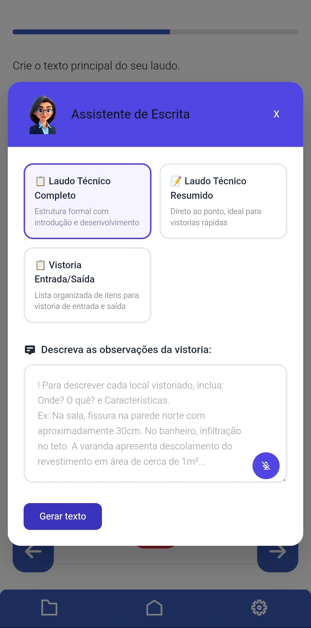 Assistente de escrita com inteligência artificial escolhendo o tipo de laudo